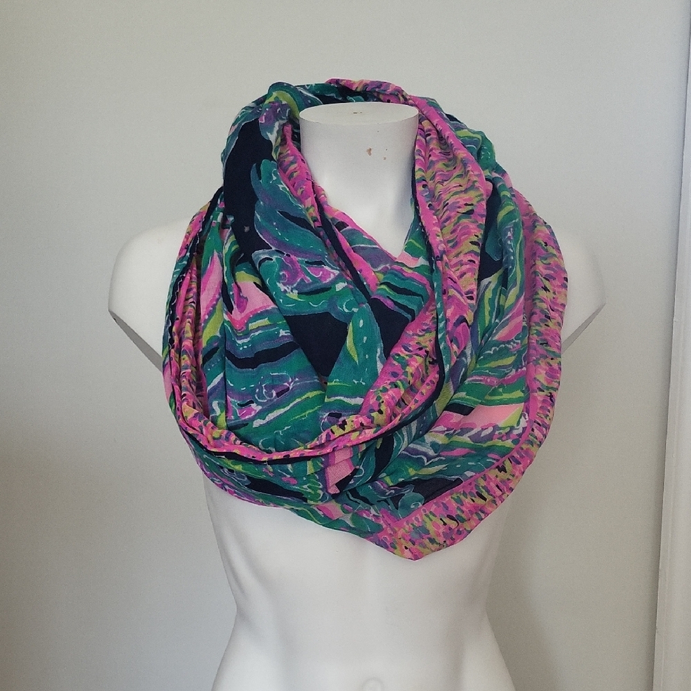 Lilly Pulitzer Pink, Teal & Navy Patterned Infinity Scarf